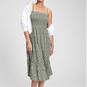 GAP Smocked Midi Dress Green Floral XS Adjustable Straps